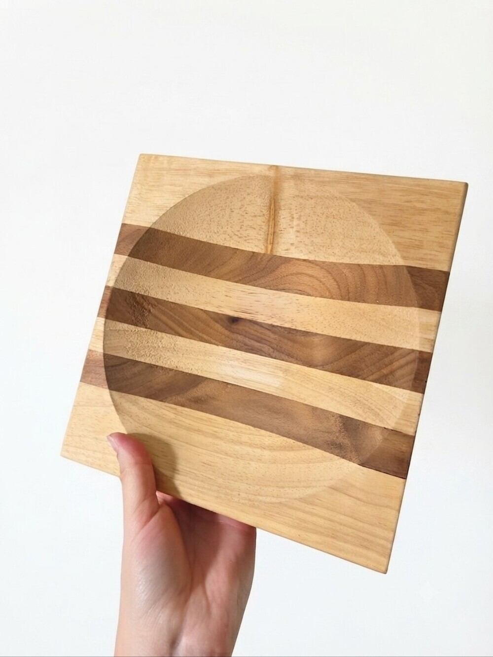 Handmade Birch and Walnut Striped Ulu Chopping Board Bowl for Mezzaluna Knife